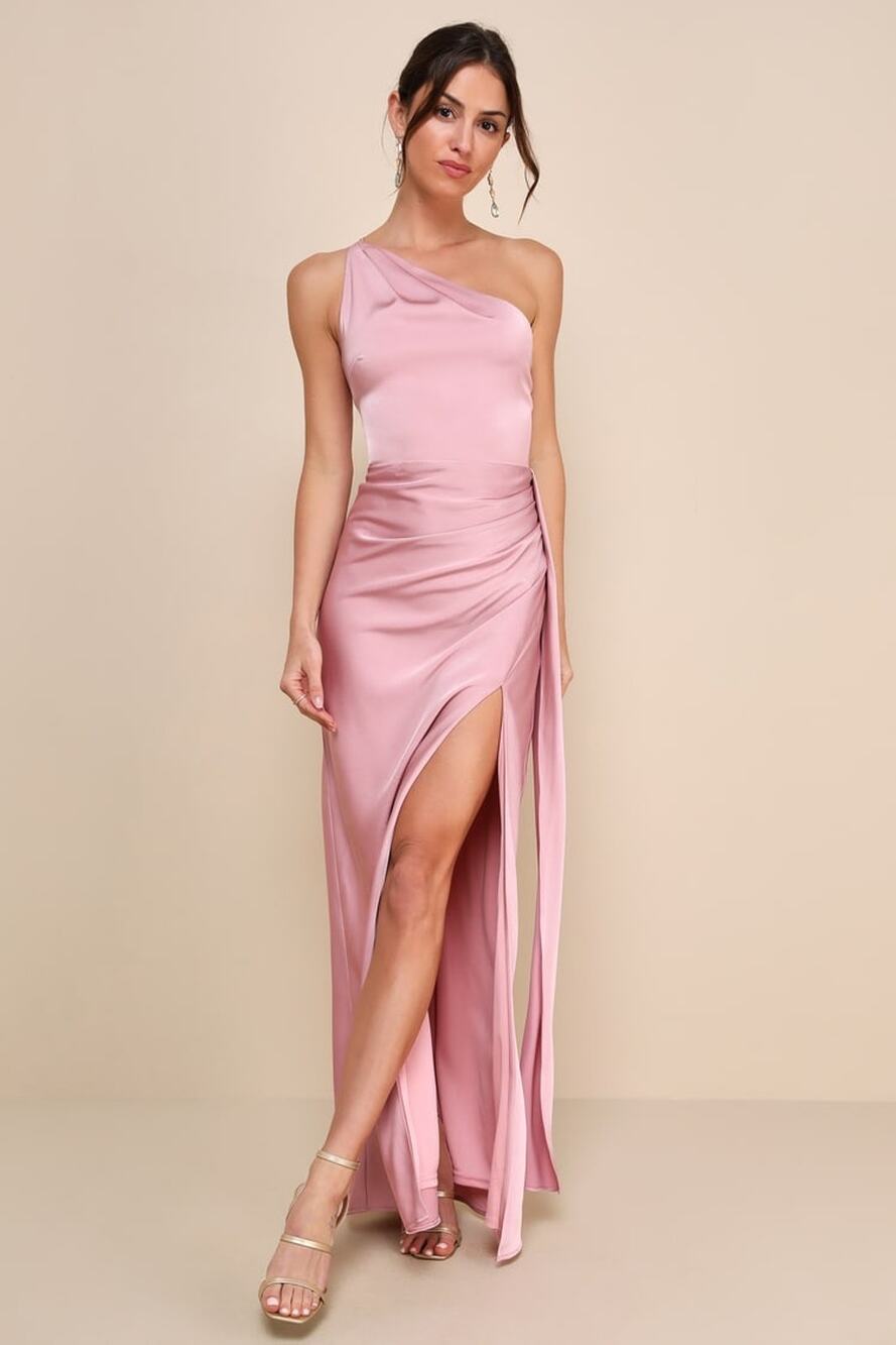 Lulus Signature Elegance Rose Satin One-Shoulder Maxi Dress Banquet - Medium